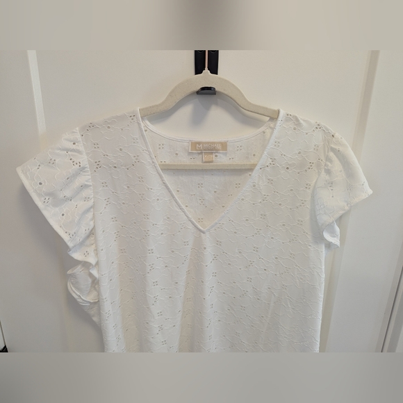 Michael Kors White Eyelet V-Neck Flutter Sleeve Top - Picture 3 of 7